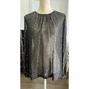 BCBGMaxAzria Black Metallic Gold Dot Silk Sheer Dark Romance Goth Flowy Blouse L